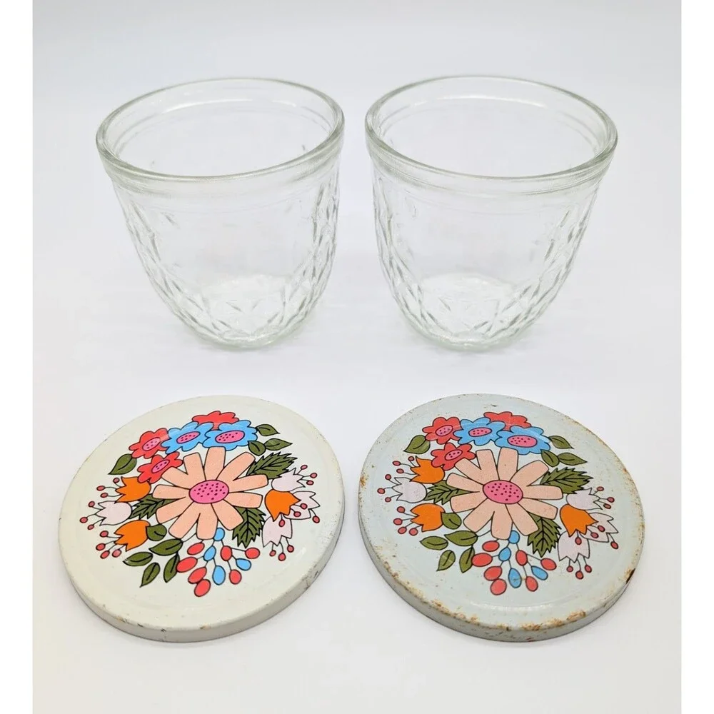 2 BALL Quilted Crystal Glass Jars W/Tin Snap-On Lid Off-white Flower MOD Retro